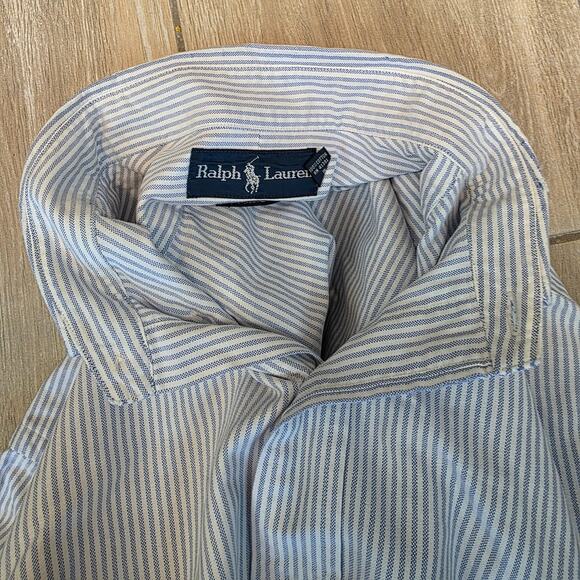 Ralph Lauren XL Classic Fit Shirt Blue White Stripe Short Sleeve Polo Pony Logo - Picture 5 of 9